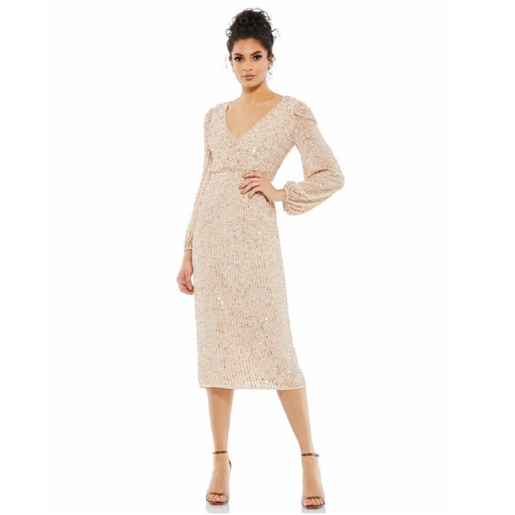NWT Mac Duggal‎ Sequin Long Puff Sleeve Cocktail Midi Nude 4 #7987 - Picture 1 of 9